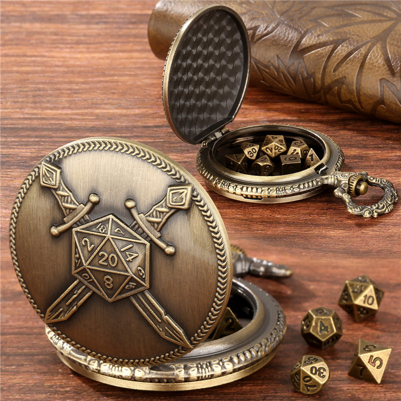 Creative 7 x Tiny Metal Polyhedral Dice Set with Double Fighter Swords Pocket Watch Case FOB Chain G