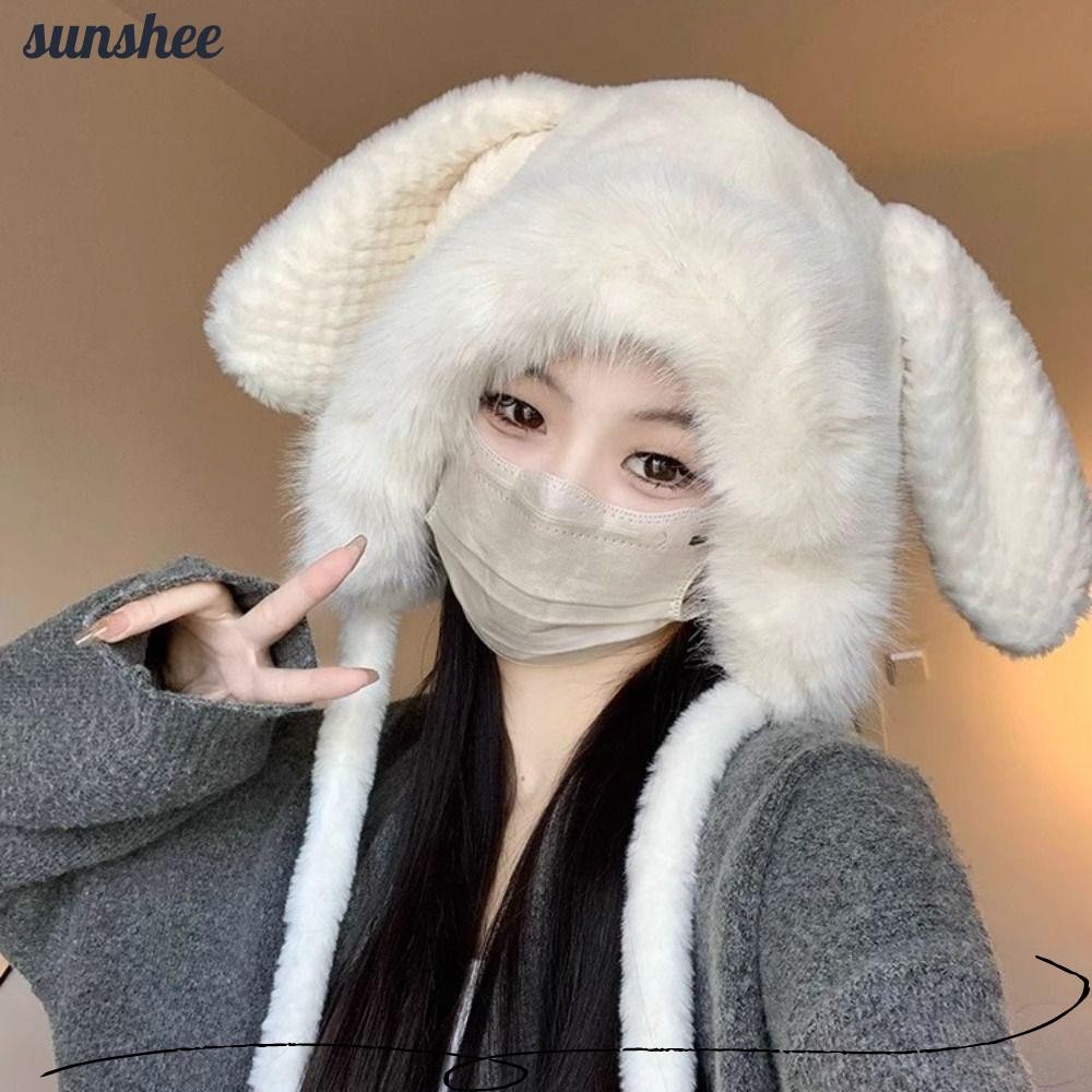 หมวกกันแดด หมวกป้องกันหูตุ๊กตา, หมวกหูกระต่ายใหญ่สําหรับฤดูหนาวน่ารัก, หมวกไหมพรมนุ่มอบอุ่นสําหรับผู้หญิง