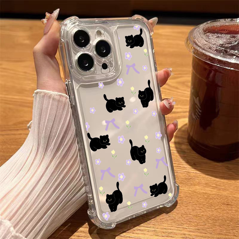 CASE นิ่มกันกระแทกเคสโทรศัพท์ สำหรับรุ่น เคสสำหรับ 13/12/14 Plus Pro Max 8/7 Plus X/XR 11 12proแมวดำและดอกไม้เล็กๆ