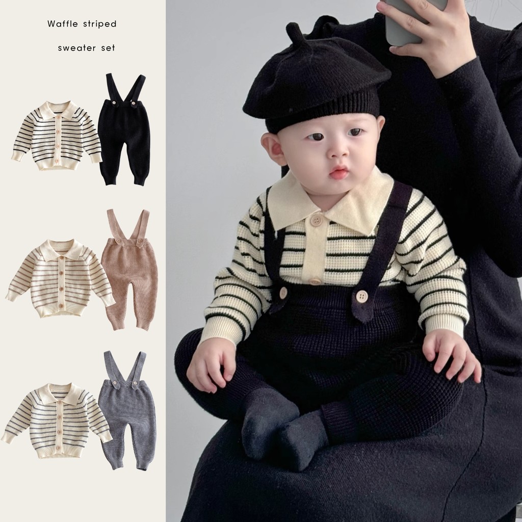 0-2 ปีเด็กทารกเด็กหญิงเสื้อโปโลลายเสื้อแขนยาว + กางเกงสายรัดวาฟเฟิลชุดสองชิ้น