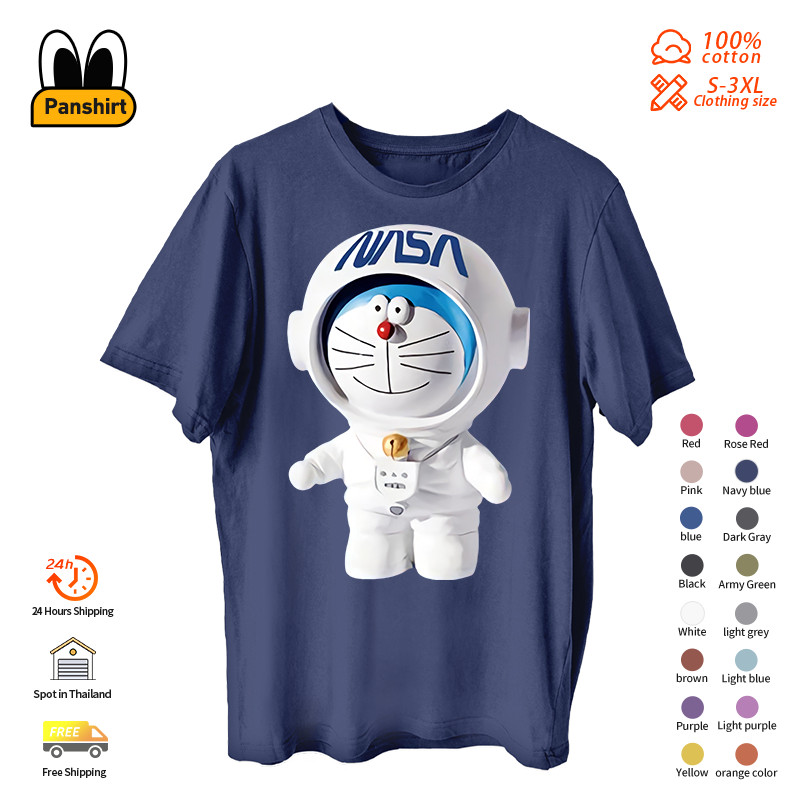 นักบินอวกาศอวกาศน่ารักหลากหลายสี โดราเอมอน พิมพ์ลายเสื้อและเสื้อยืด 3XL ไม่จำกัดเพศ เสื้อครึ่งแขนคุณภาพสูง เสื้อยืดแขนสั้นไหมนม บังยอน