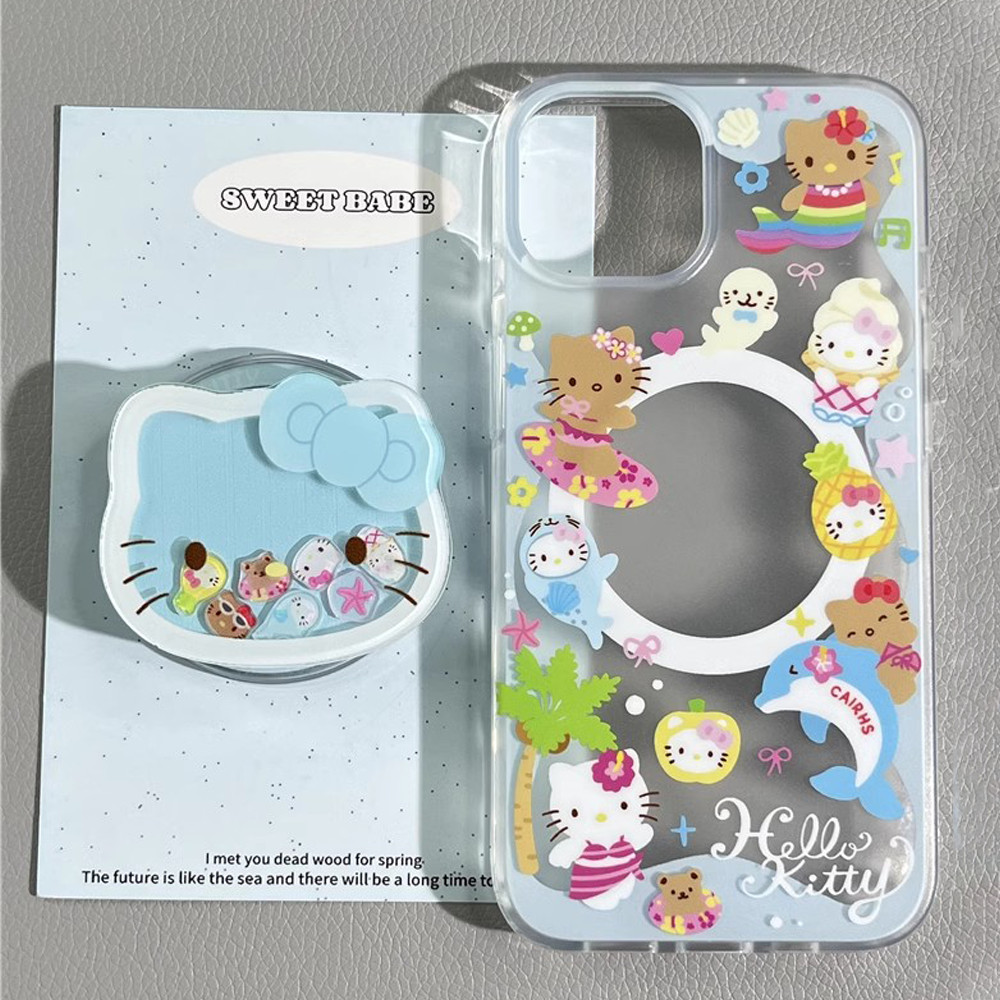 Iphone 14 Pro Max Casing Clear Anti-Yellowing Case เกาหลีน่ารัก Hello Kitty Magnetic Phone Holder Case Dynamic Liquid Quicksand Bracket Case สําหรับ IPhone 16 15 14 13 12 11 Pro Max