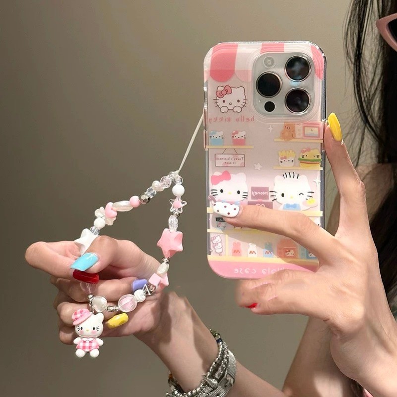 Iphone 16 15 14 13 12 11 Pro Max X Xr Xs Max 7 8 Plus SE2020 เคสโทรศัพท์การ์ตูนแฮมเบอร์เกอร์ Hello KT Cat + Lanyard Clear Soft Cover