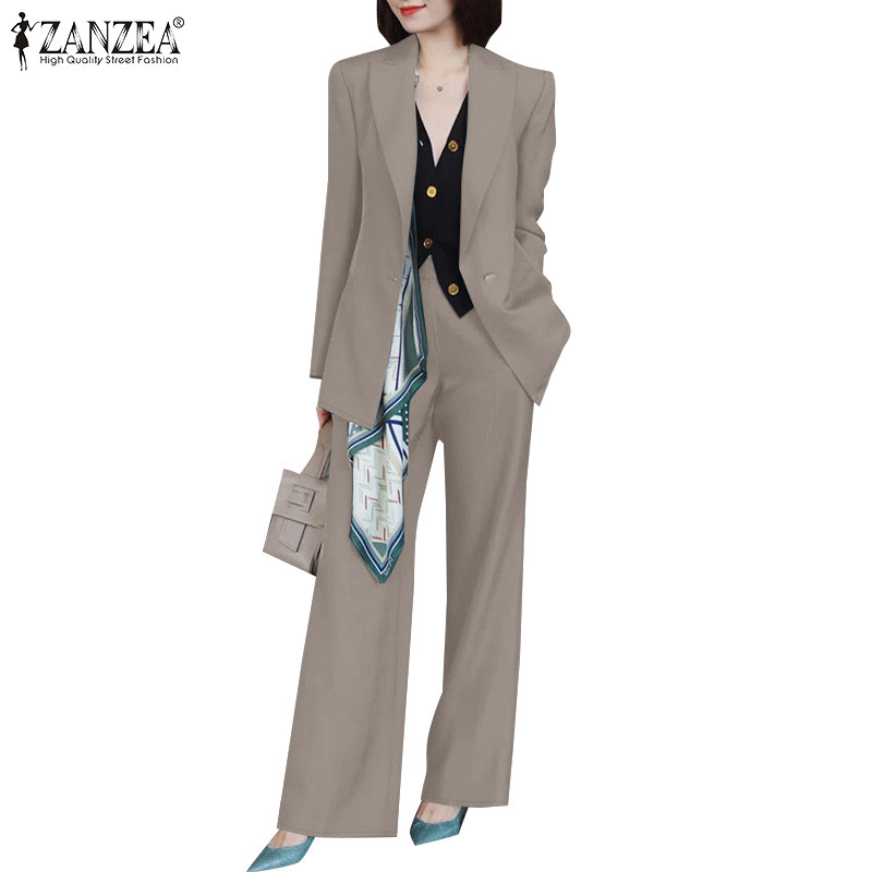 Zanzea ผู้หญิงเกาหลีเอวยางยืดความยาวข้อเท้า Turn-Down-Collar สีทึบเสื้อกางเกง