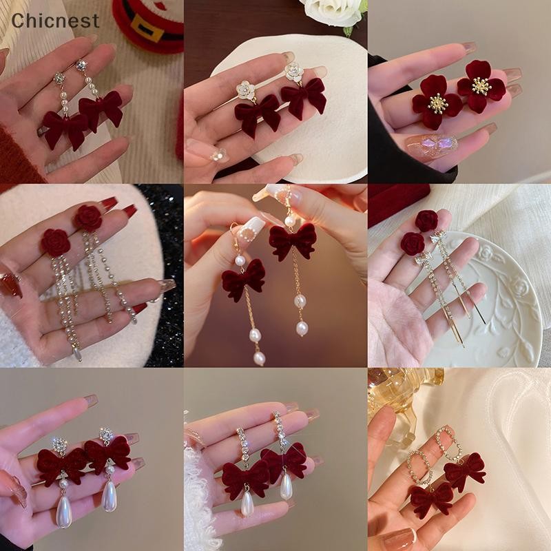 [Chicnest] ต่างหูกุทัณฑ์ผ้าฝูงสีแดงอารมณ์ดอกไม้หวานต่างหูขอบยาวบูติก