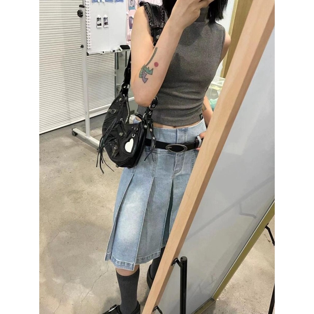 American Hot Girl ~ สีฟ้าอ่อนล้าง Denim กระโปรงจีบผู้หญิงสไตล์ใหม่เอวสูง Slimmer ดู a-Line กระโปรงยาวปานกลาง