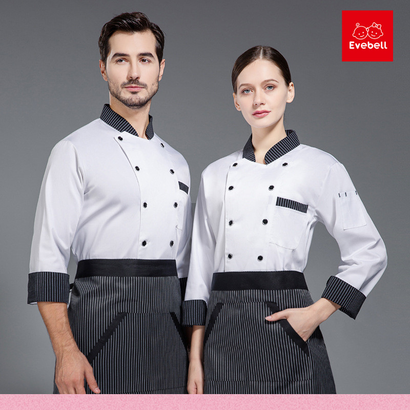 evebell เสื้อยูนิฟอร์มเชฟ แต่งขอบลายทาง กระดุมสองแถว สไตล์ตะวันตก สําหรับร้านอาหาร โรงแรม