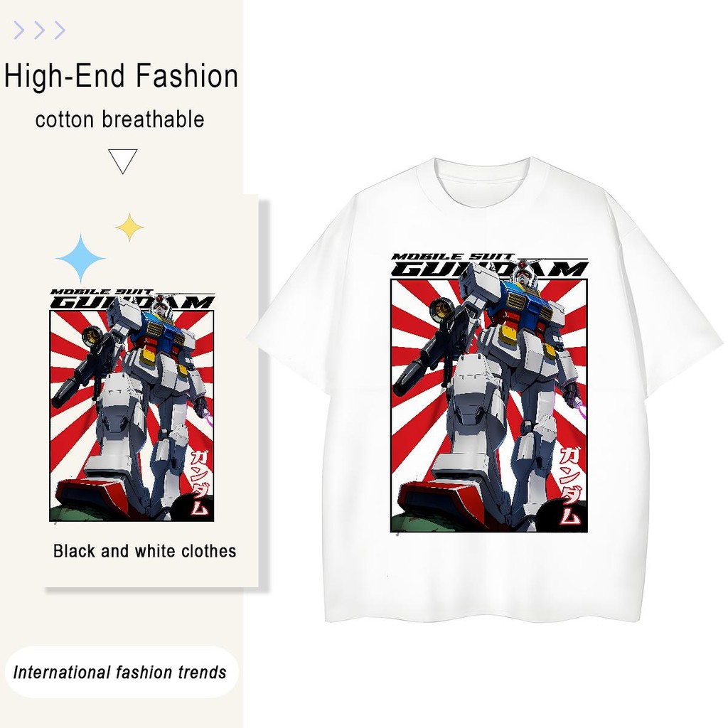 ยอดนิยมระบายอากาศแฟชั่นผู้ชายเสื้อยืดเสื้อยืดเสื้อสีดำสีขาว Gundam