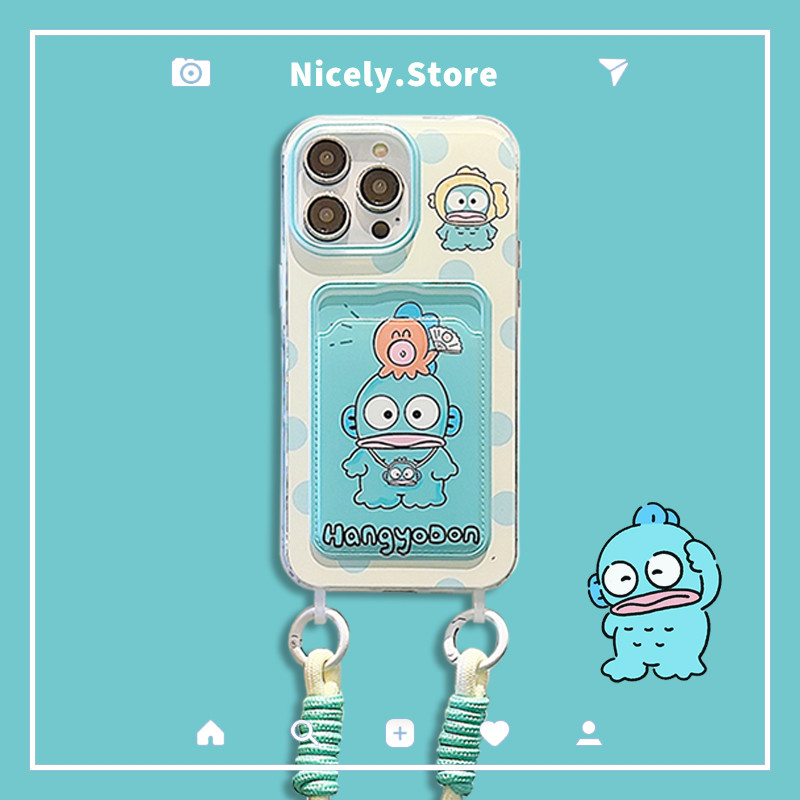 SANRIO ซานริโอ แฮงโยดอนปลาผู้ถือบัตรโทรศัพท์กรณีเข้ากันได้สําหรับ ไอโฟน 16 15 14 13 12 มือโปร สูงสุด 11 14โปรแม็กซ์ กับสายรัดข้อมือกันกระแทก ทีพียู มือถือกลับปลอก