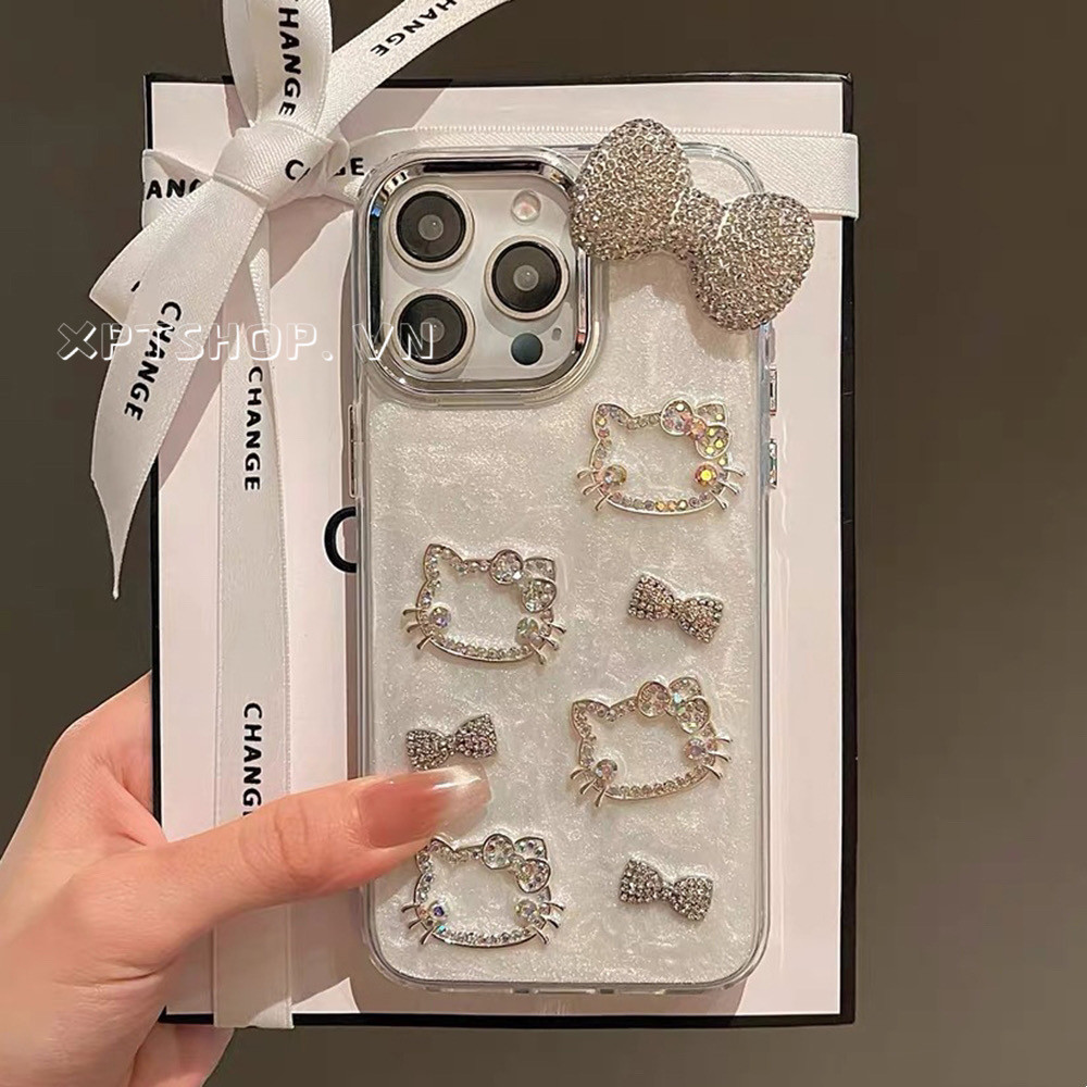หรูหราประกายเพชรโบว์คิตตี้ชุบเรซิ่นเคสโทรศัพท์สําหรับ ไอโฟน 16โปรแม็กซ์ 16มือโปร 16บวก 15 14 13 12 11โปรแม็กซ์ เอ็กซ์อาร์ IX เต็มครอบคลุมกันกระแทกป้องกันปลอก