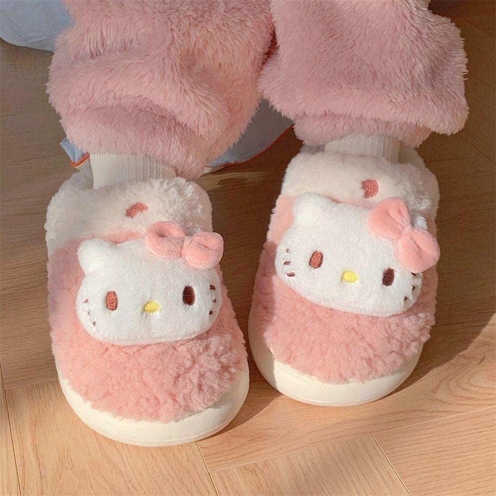 Trendyo รองเท้าแตะตุ๊กตาอะนิเมะ, รองเท้าแตะขนปุยฤดูหนาว Kuromi Kitty Cinnamoroll, น่ารักห้องนอนหอพักนักเรียนบ้านรองเท้าแตะรองเท้าหญิง
