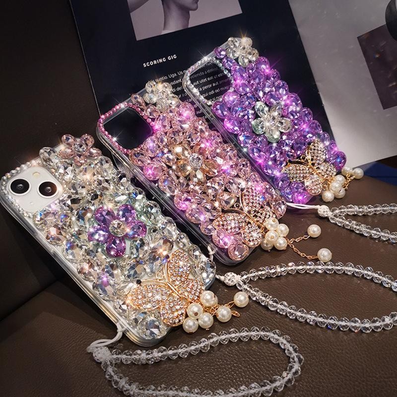 เคสโทรศัพท์สําหรับiphone 16 15 14 13 12 11 Pro Max XS XR X 7 8 PlusหรูหราRhinestoneผีเสื้อกันกระแทก