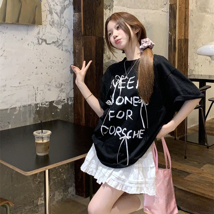 Luna Shop 🍒 เสื้อยืดทรงหลวม 🎇🎇 เสื้อแขนสั้นผูกโบว์อเนกประสงค์สไตล์เกาหลีลำลองและอ่อนโยนในสไตล์ขี้เกียจ - รูปที่ 7