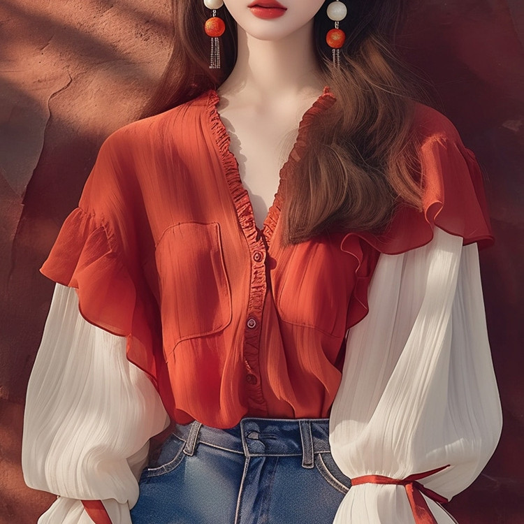 ใหม่สไตล์วิทยาลัยเกาหลีเก๋มีเอกลักษณ์สวยสีแดงผู้หญิงแขนพัฟลูกไม้ขึ้นเสื้อคอวี - รูปที่ 5