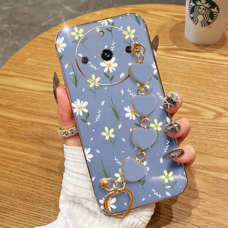 ปลอกสําหรับoppo Realme 11 4G 5G Realme 11 Pro Plus 5G Realme 11 Pro + 5Gดอกไม้ขนาดเล็กElectroplating Anti Dropเคสโทรศัพท์พร้อมรักสร้อยข้อมือฝาครอบป้องกัน