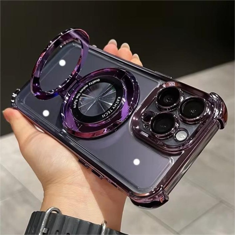 หรูหราชุบกันกระแทกแม่เหล็กยึดสําหรับiphone 15 16 11 12 13 14 Pro Max Plus XRสําหรับพร้อมที่วางฝาครอบขาตั้ง
