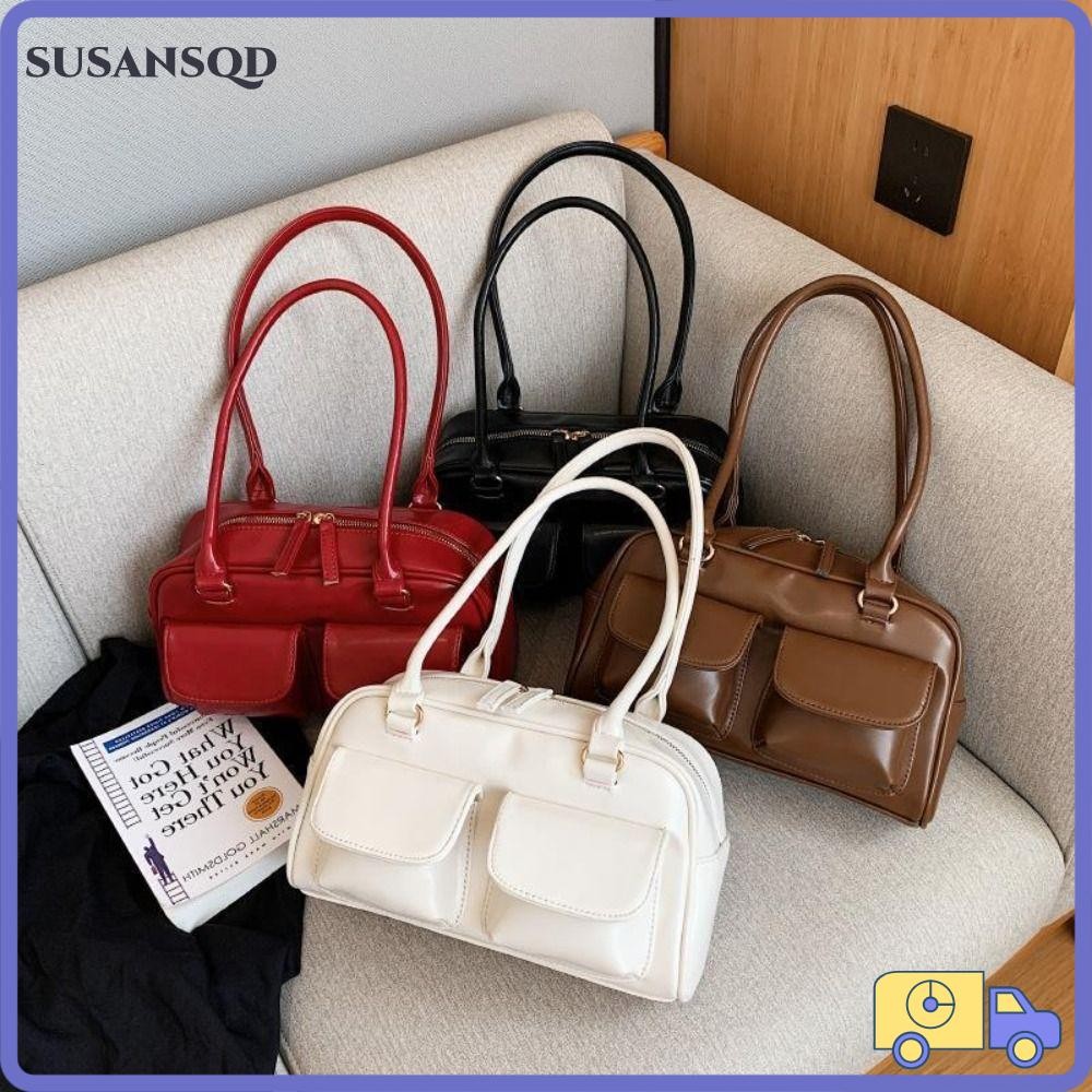 Susansqd Satchel Hobo Bag, กระเป๋าสะพายข้างสีทึบความจุสูง, กระเป๋าใต้วงแขน PU Retro