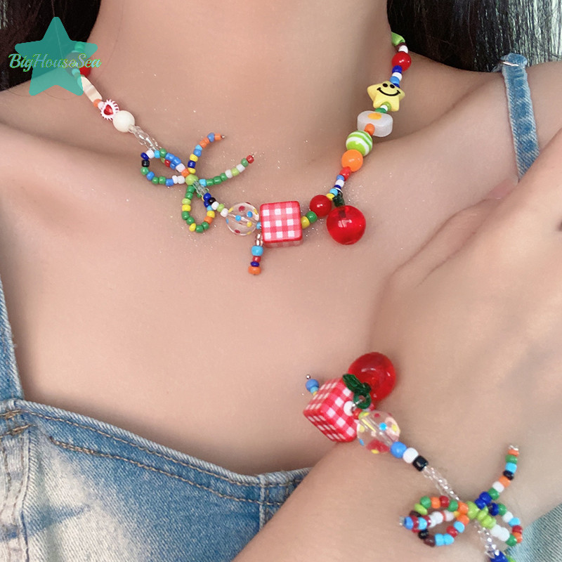 [BigHouseSea] สร้อยข้อมือลูกปัดหัวใจ Dopamine สีสันสดใสหวาน Apple Dangle สร้อยคอสําหรับผู้หญิงแฟชั่นเครื่องประดับของขวัญใหม่