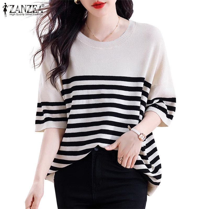 Zanzea เสื้อเบลาส์แขนสั้นลายทางลําลองสไตล์เกาหลีสําหรับผู้หญิง