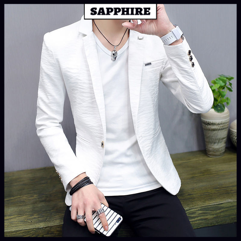 ชุดสูทแบบบางสำหรับฤดูร้อนเสื้อแจ็คเก็ตผู้ชายทรงสลิมลำลองสไตล์เกาหลีชุดสูทเดี่ยวสไตล์อังกฤษบางเฉียบสุดหล่อสีล้วน