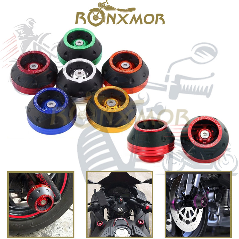 Ronxmor 2PCS Universal รถจักรยานยนต์ล้อป้องกัน Crash Pad รถจักรยานยนต์ Crash Protectors โลหะผสม Motocross Falling ด้านหน้าส้อม Slider ถ้วย