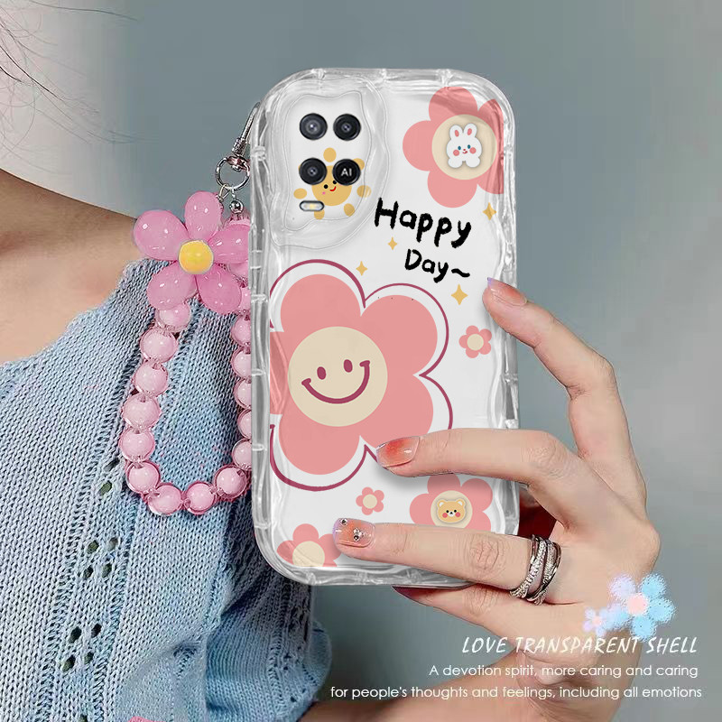 เคส OPPO A54 4G เคสโทรศัพท์ใส ดอกไม้ เชือกห้อยลูกปัด เคสโทรศัพท์กันกระแทกแบบใส