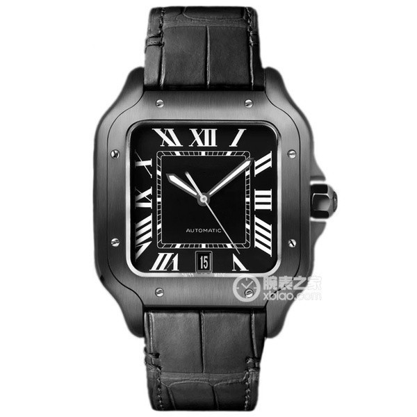 Cartier Santos Noble Sports Black Dial Elegant Temperament สายหนัง Charming Trend นาฬิกาผู้ชายกลไกอั