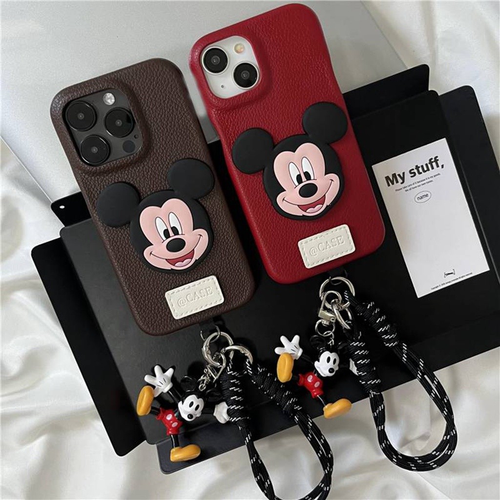 ปลอกสําหรับ iPhone 15 Pro Max 14 13 12PM น่ารัก Mickey Mouse Decor คู่ PU หนังเคสโทรศัพท์ Anti-lost สายคล้องของเล่นจี้ Anti-scratch เปลือกป้องกันฝาครอบ