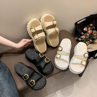 🍓EnJoy🍓 พร้อมส่ง (LT-2021New/LT-2022-1) วัสดุ EVA รองเท้าแตะแบบสวม ดีเทลสายคาด2เส้น อะไหล่ทอง ส้นตึกเสริมความสูง สูง 6cm
