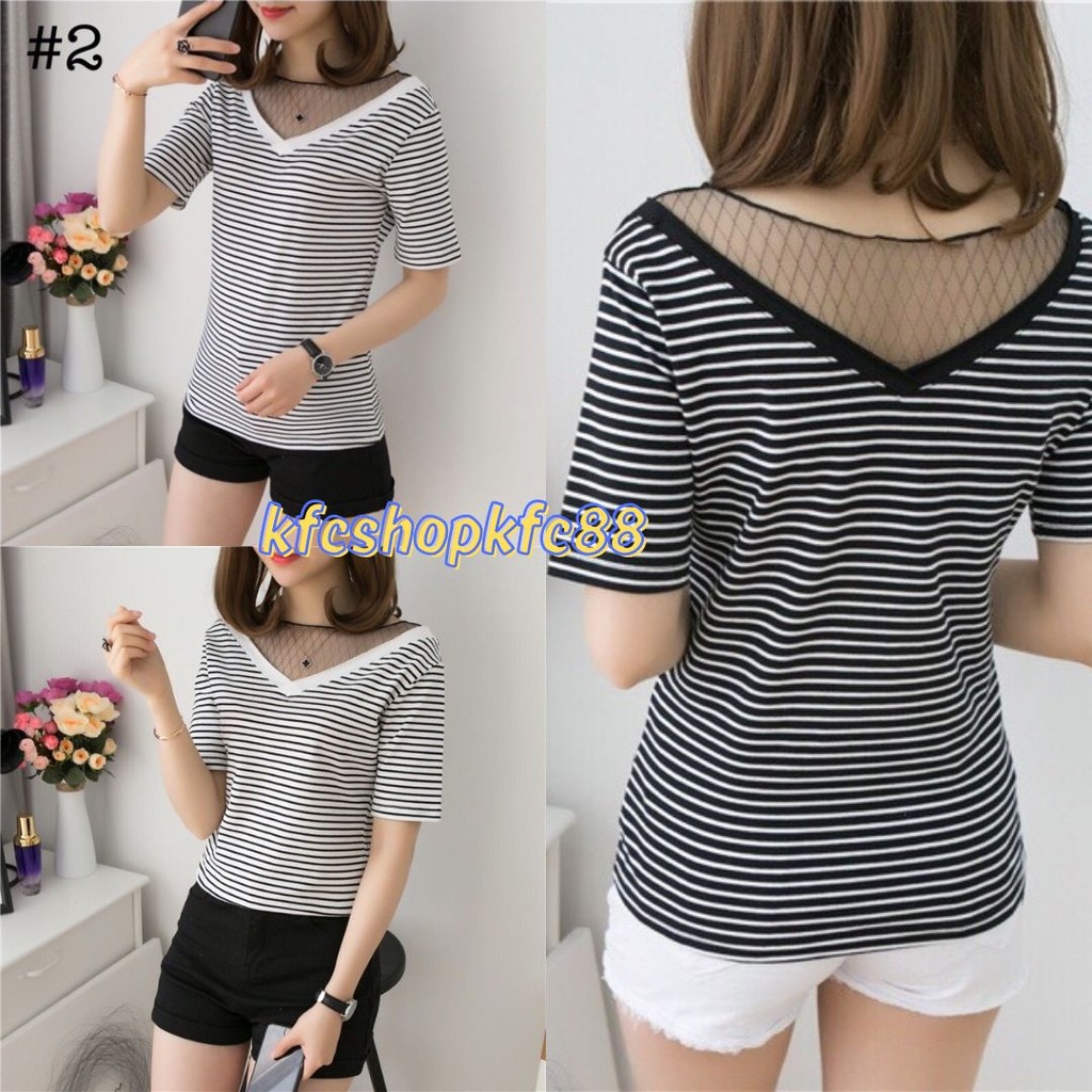 🌟KFC🌟 เสื้อแฟชั่นคอวี ดีเทลตาข่ายที่คอ ผ้านิ่ม ใส่สบาย #Z99