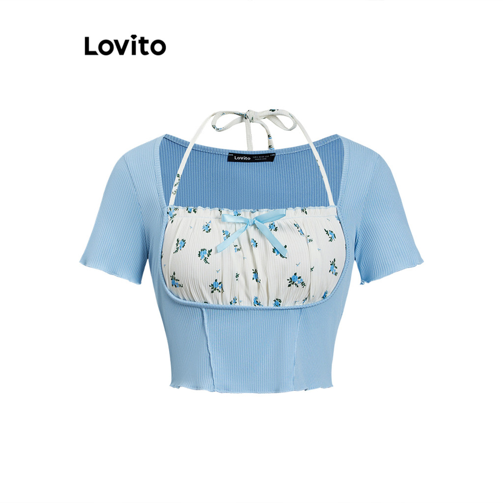 Lovito เสื้อยืดโบว์ 2In1 ปลอมธรรมดาสำหรับผู้หญิง L106AD385