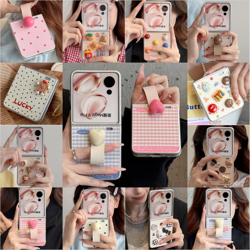 สําหรับ Xiaomi MIX Flip HONOR Magic V Flip เคสโทรศัพท์มือถือหน้าจอพับ Simple ทาสีกระดานหมากรุกเคลือบด้วยไฟฟ้าสติกเกอร์รู้สึก PC เคสแข็งพร้อมจี้แหวน