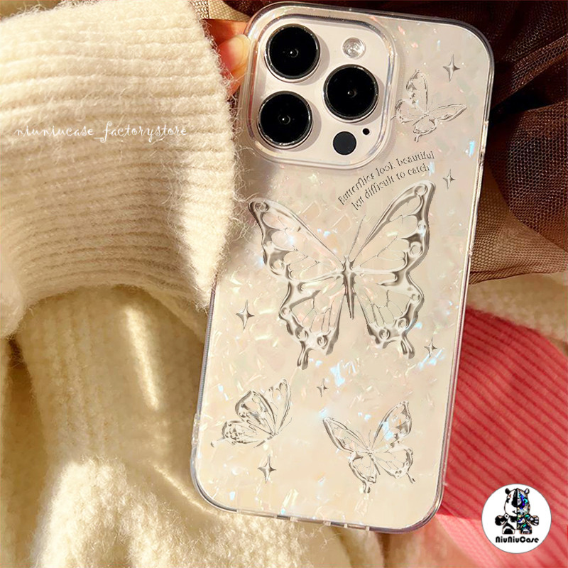 เคสไอโฟน11 16 ลายการ์ตูน โฮโลแกรมเลเซอร์ใสเคสลายเปลือกหอย ผีเสื้อสีเงิน For iPhone 11 12 13 14 15 Pro Max X 7Plus XR เคส