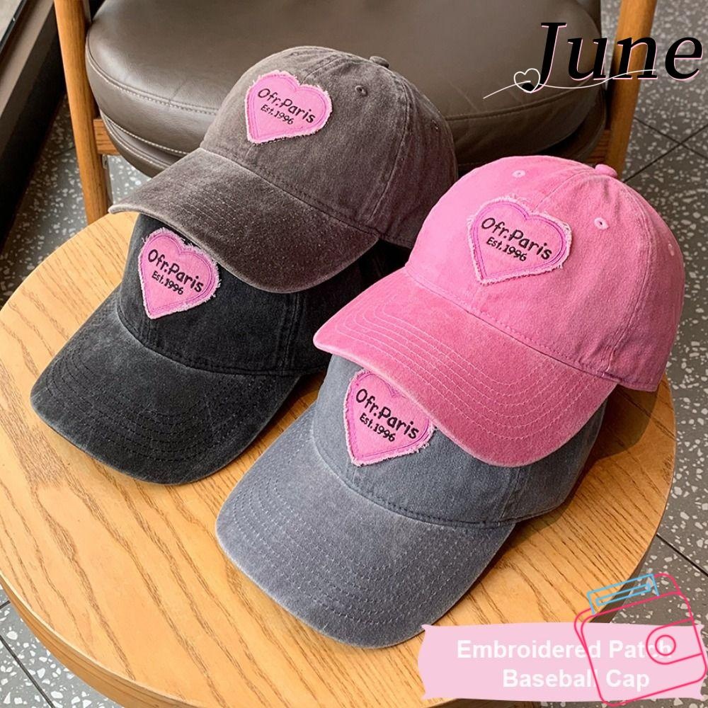 June ผู้หญิงเบสบอลหมวก,สีทึบ Love Heart เย็บปักถักร้อย Snapback หมวก, ล้างผ้าฝ้าย Big Brim Y2K สไตล์คู่ Sun หมวก