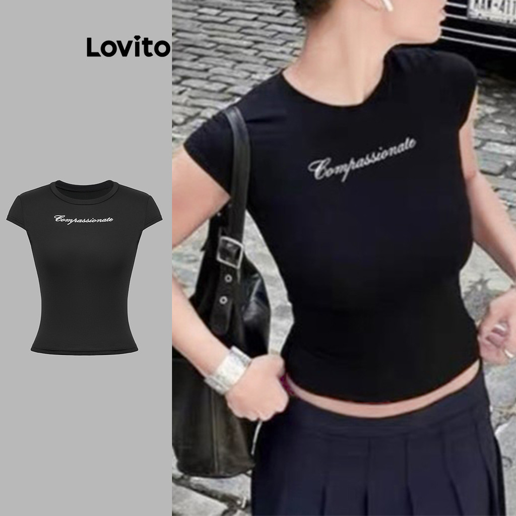 Lovito เสื้อยืดลายตัวอักษรลำลองสำหรับผู้หญิง L104ED733