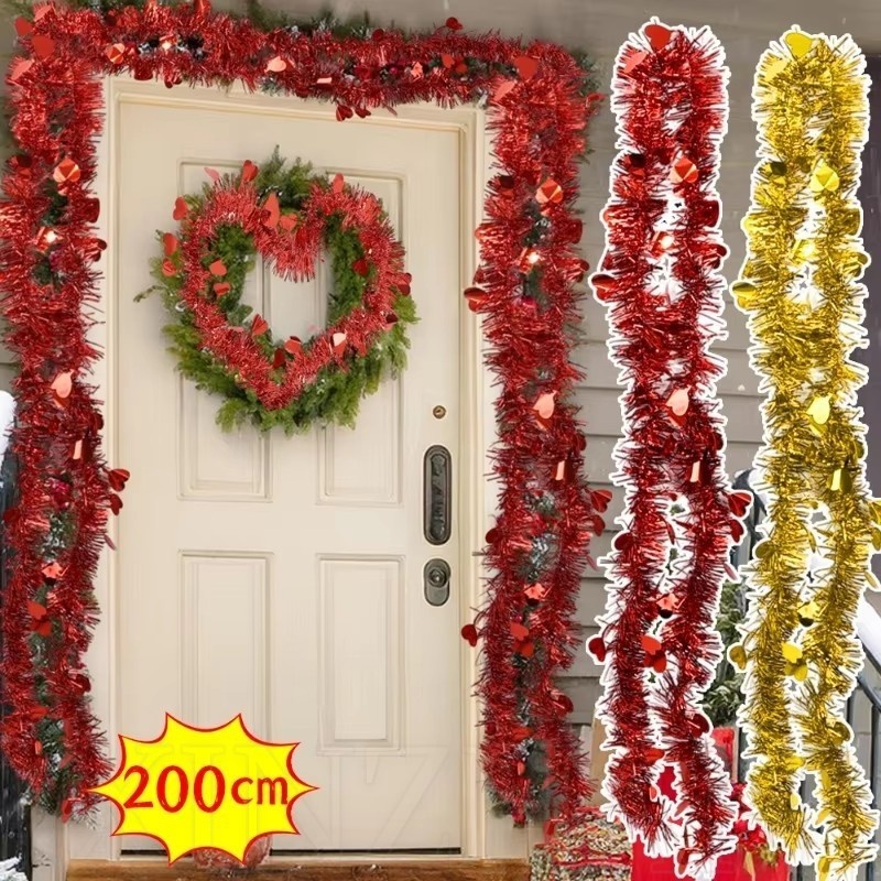 2m Love Heart Shape Christmas Decor Strips Ribbon - พวงหรีดตกแต่งบ้านคริสต์มาส - ริบบิ้นพวงมาลัย Diy สีขาวเกล็ดหิมะ - 2 ชั้นเครื่องประดับต้นไม้ Xams - แบนเนอร์งานรื่นเริงสีทองสีแดง