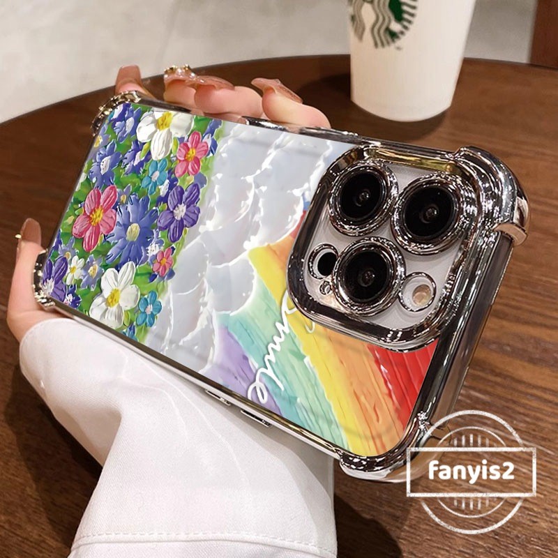 SAMSUNG สําหรับsamsung A55 A15 A05S A54 A34 A12 A13 A14 A50 A32 A25 A24 A23 A51 A52 A53 A50 A22 A03 ภาพวาดสีน้ํามันดอกไม้เคสโทรศัพท์ชุบโปร่งใสสี่มุมAntiฤดูใบไม้ร่วงถุงลมนิรภัย