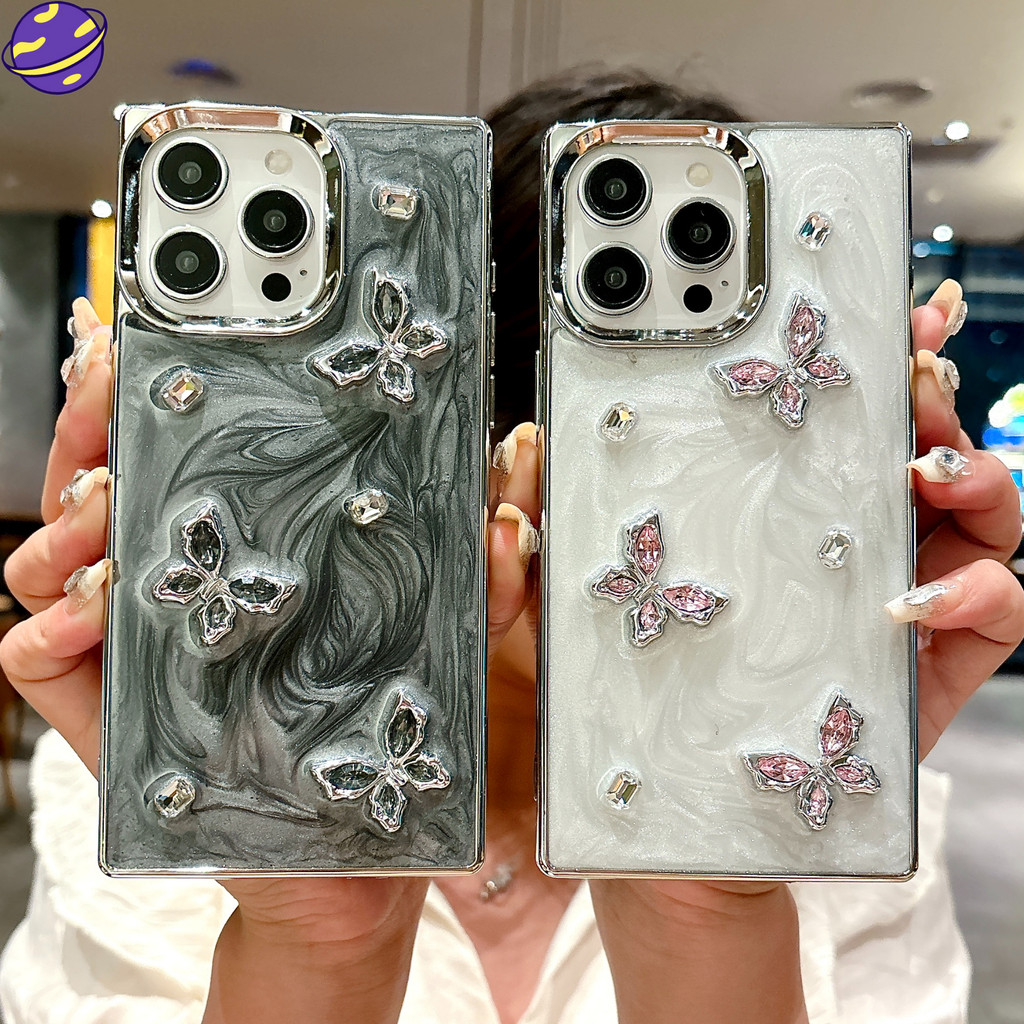 สแควร์ Quicksand หยดกาว 3D ผีเสื้อเคสโทรศัพท์เหมาะสําหรับ IPhone 16 15 14 Plus 11 13 12 Pro Max Electroplated Border ปกอ่อน Anti Drop ปลอกป้องกัน