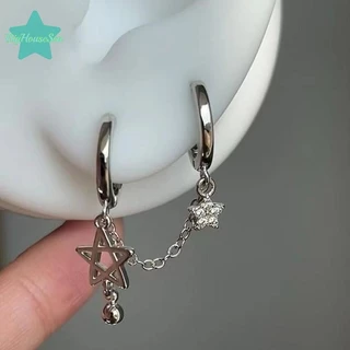 [BigHouseSea] 1pcs เงินสี Star Chain Double Ear Hole หูกระดูกเล็บ Y2K แฟชั่น Hottie ต่างหูผู้หญิงเครื่องประดับใหม่