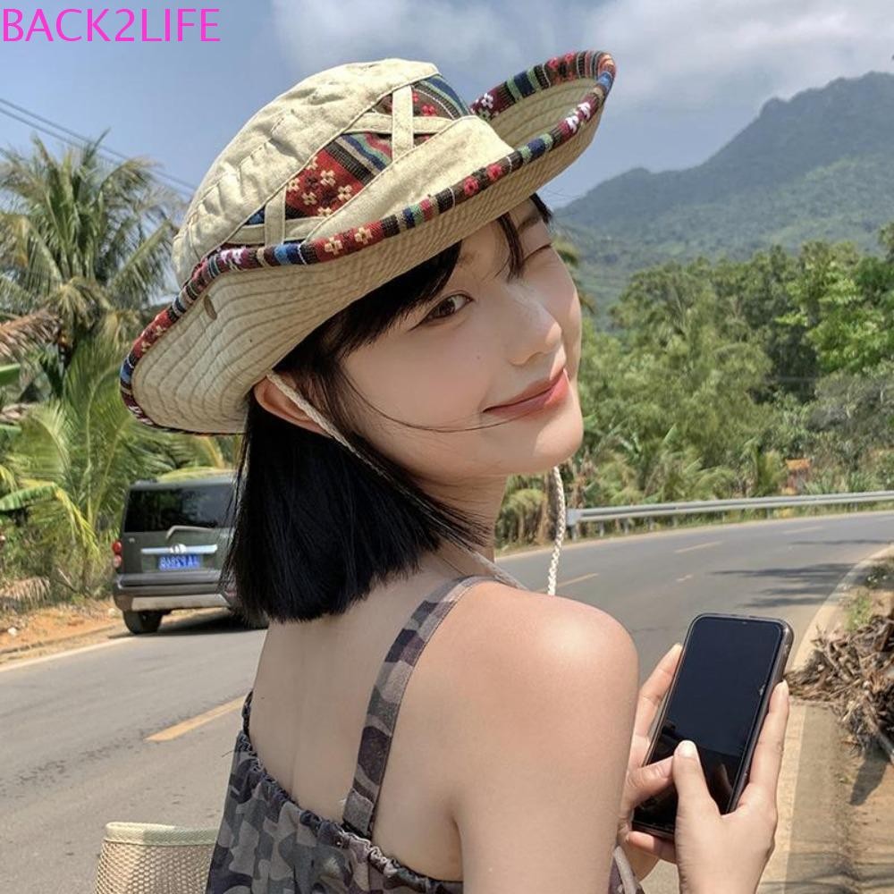 Back2life หมวกคาวบอยตะวันตก, หมวกปีกกว้างลมแห่งชาติวินเทจ, Causal Breathable Sunhat Sun Protection Men Mountaineering Hat Camping