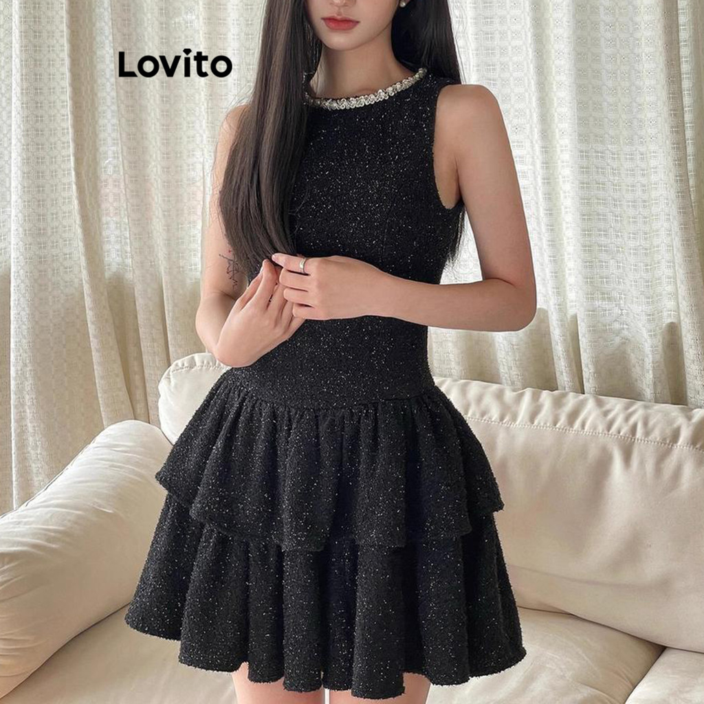 Lovito เดรสผู้หญิง มีลาย สีพื้น สไตล์ลำลอง LNA71238