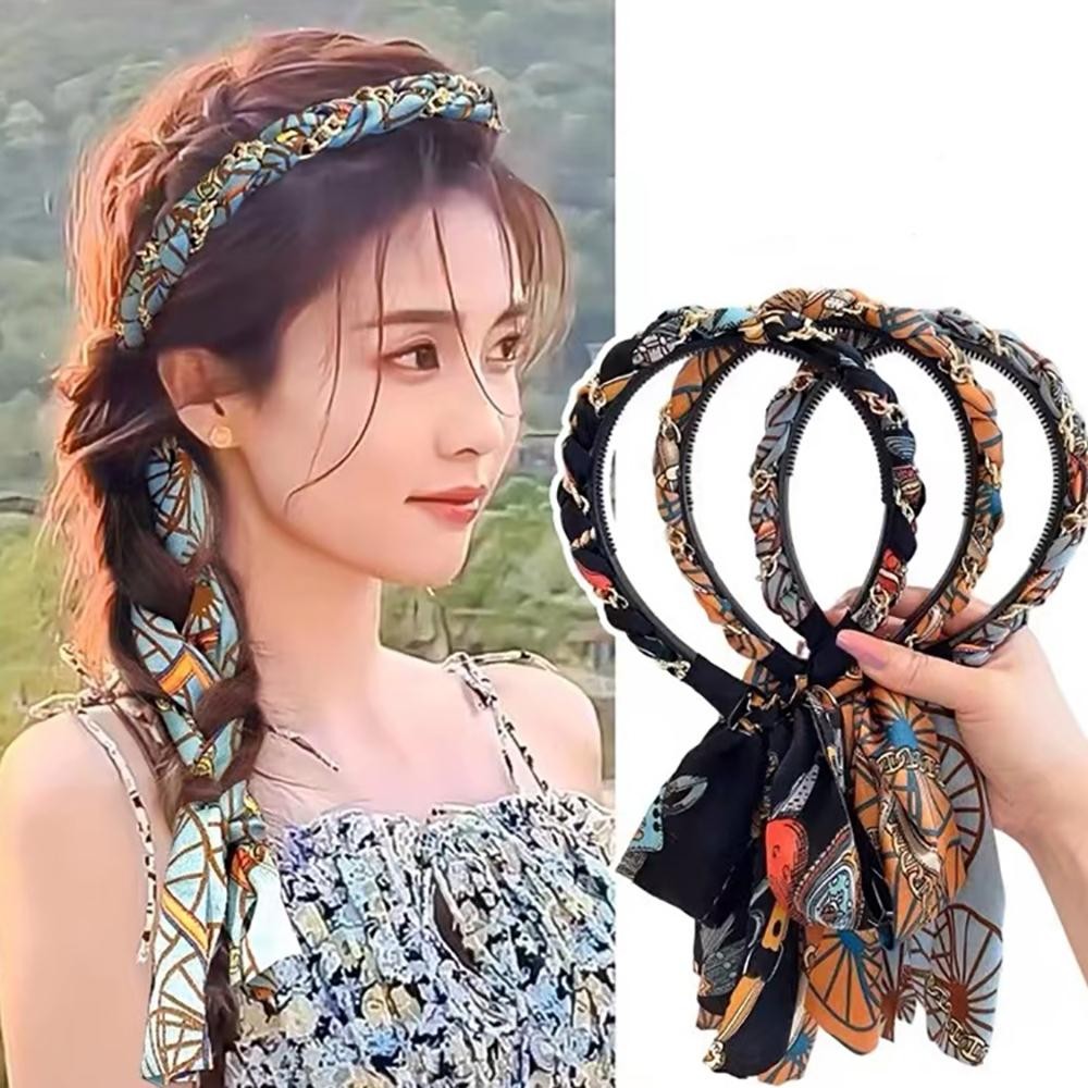 สีสันสดใส พิมพ์ซาติน ริบบิ้นถัก ที่คาดผมถักเปียพร้อมริบบิ้นติดผมสำหรับผู้หญิง