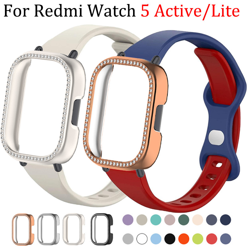 เพชร PC Case + สายซิลิโคนสําหรับ Redmi Watch 5 Active/Lite Hollow Out Bling แฟชั่น Protector สําหรับ Redmi นาฬิกา 5Active 5Lite บางทูโทน Breathable สร้อยข้อมือ