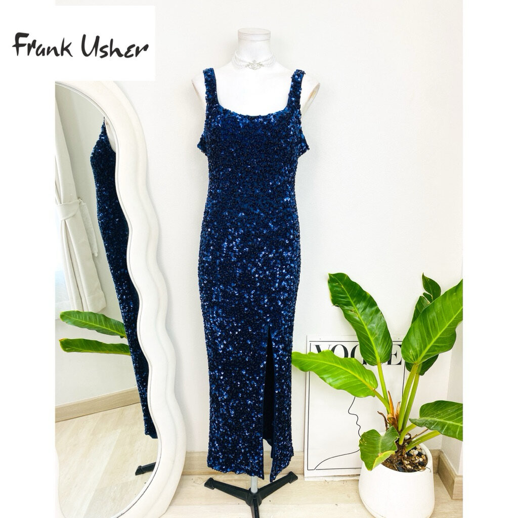 ไซด์ L แบรนด์ frank usher แท้100% 🌸Maxi dress เดรสยาว คอเหลี่ยม ผ่าข้าง งานเกล็ดวิบวับ สีกรม เดรสออก