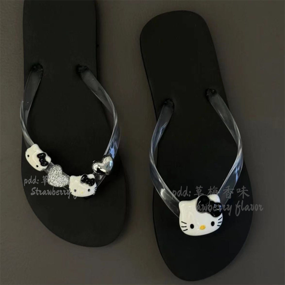 สินค้าใหม่ Xiaoxiangfeng Bow Kitty Rhinestone Flip-Flops รองเท้าแตะชายหาด สวมใส่ด้านนอก ป้องกันการลื่น สำหรับหน้าร้อน 20250706