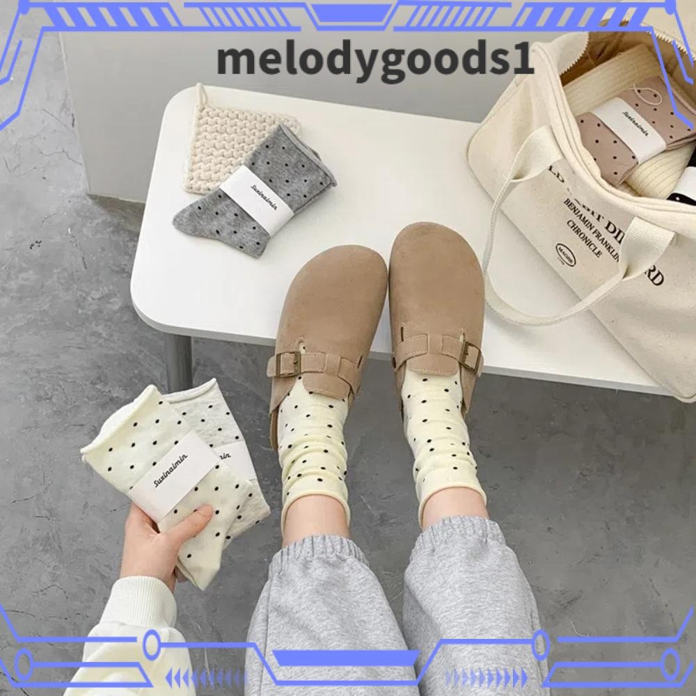 MELODYGOODS ถุงเท้ากลางหลอดลายจุด ขอบม้วน สตรี ระบายอากาศ ดูดซับเหงื่อ สบายในฤดูร้อน