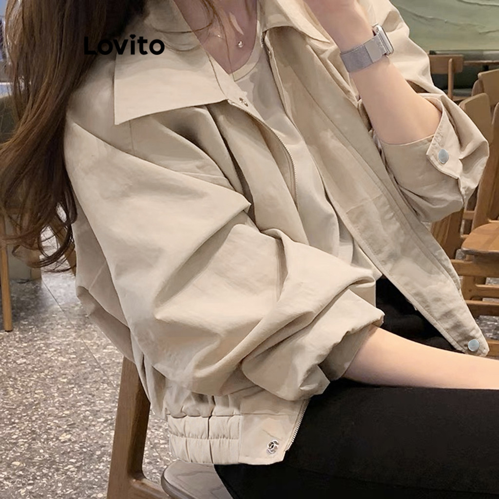 (Hot) Lovito เสื้อโค้ทลําลองเสื้อโค้ทซิปปุ่มธรรมดาสําหรับผู้หญิง LNA34140 (แอปริคอท)