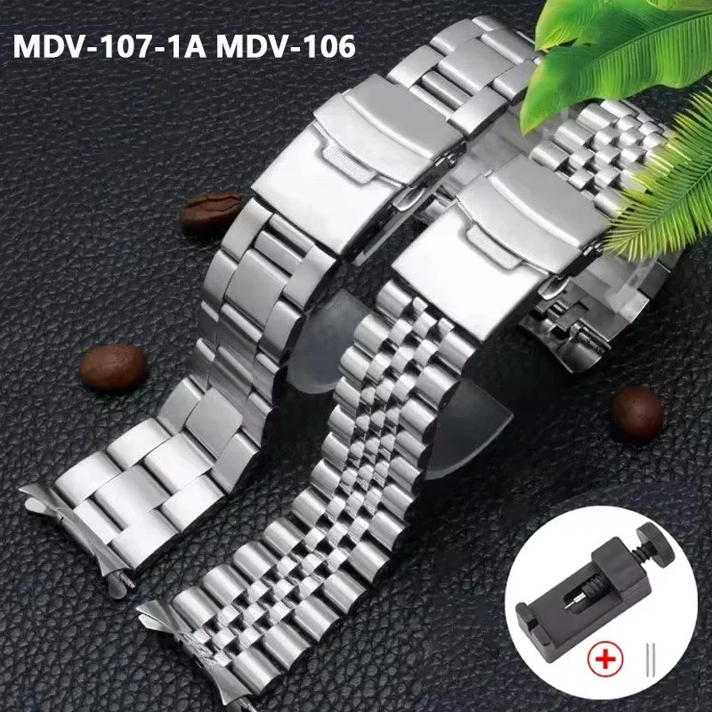 22 มม.สายสแตนเลสสําหรับ Casio Duro MDV-107-1A MDV-106 Marlin ผู้ชายดําน้ําปลายโค้งโลหะแข็งนาฬิกาสร้อ