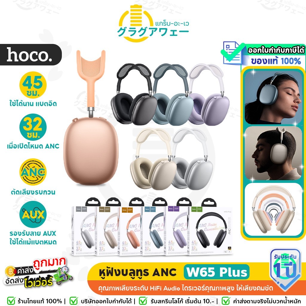 Hoco W65 Plus หูฟังบลูทูธ ANC หูฟังครอบหู ตัดเสียงรบกวน เปลี่ยนฟองน้ำได้ แบตอึด 45 ชม. รองรับ Aux hx