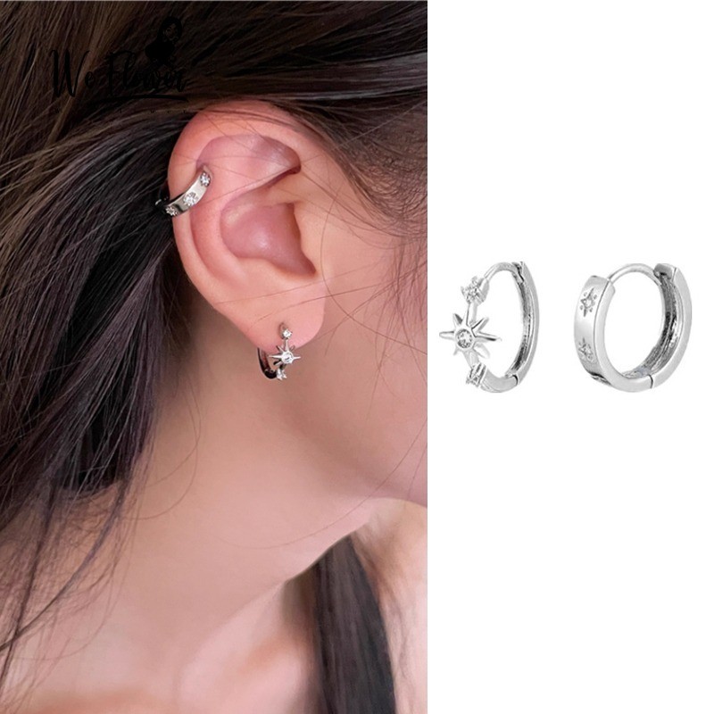 We Flower ไม่สม่ําเสมอ s925 เงินคริสตัล Hexagram Star วงกลม Hoop ต่างหูสําหรับผู้หญิงผู้ชายแฟชั่นรอบหูเครื่องประดับ